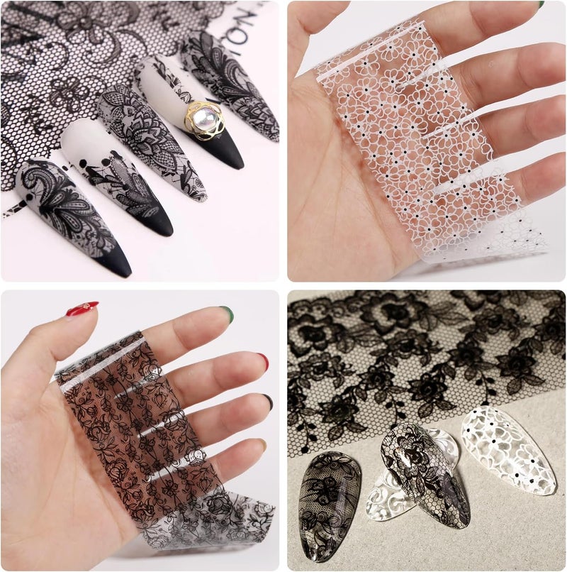 SILPECWEE 20 Rolls Lace Nail Foil White and Black Nail Transfer Foil Flower Nail Art Foils Decals Holographic Foils for Nails Manicure Stickers for DIY Acrylic Nails Decoration - Image 3